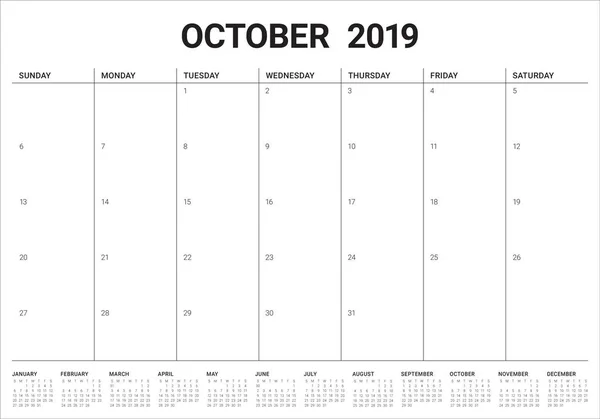 Outubro 2019 Calendário Mensal Ilustração Vetorial Design Simples Limpo — Vetor de Stock