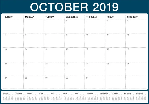 Octubre 2019 Calendario Mensual Vector Ilustración Diseño Simple Limpio — Vector de stock