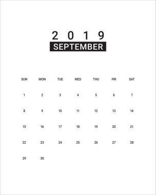 Eylül 2019 Resepsiyon takvim vektör çizim, basit ve temiz tasarım. 