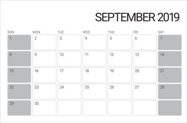 Eylül 2019 Resepsiyon takvim vektör çizim, basit ve temiz tasarım. 