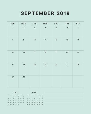 Eylül 2019 Resepsiyon takvim vektör çizim, basit ve temiz tasarım. 