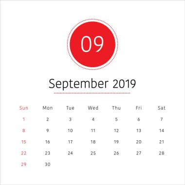 Eylül 2019 Resepsiyon takvim vektör çizim, basit ve temiz tasarım. 