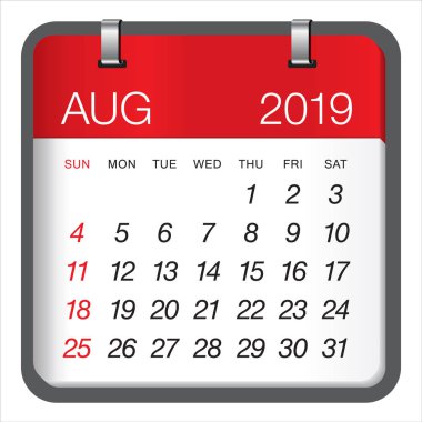 Ağustos 2019 aylık takvim vektör çizim, basit ve temiz tasarım. 