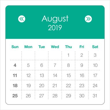 Ağustos 2019 aylık takvim vektör çizim, basit ve temiz tasarım. 