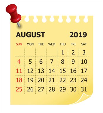 Ağustos 2019 aylık takvim vektör çizim, basit ve temiz tasarım. 