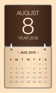 Ağustos 2019 aylık takvim vektör çizim, basit ve temiz tasarım. 