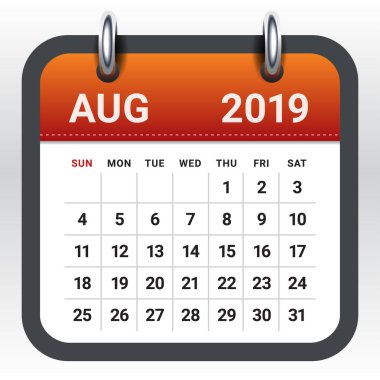 Ağustos 2019 aylık takvim vektör çizim, basit ve temiz tasarım. 
