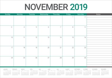 Kasım 2019 Resepsiyon takvim vektör çizim, basit ve temiz tasarım.