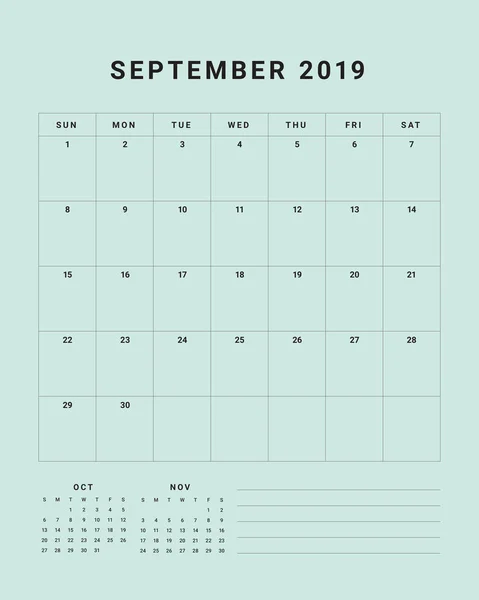 Settembre 2019 Scrivania Calendario Vettoriale Illustrazione Design Semplice Pulito — Vettoriale Stock