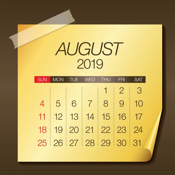 Agosto 2019 Calendário Mensal Ilustração Vetorial Design Simples Limpo — Vetor de Stock