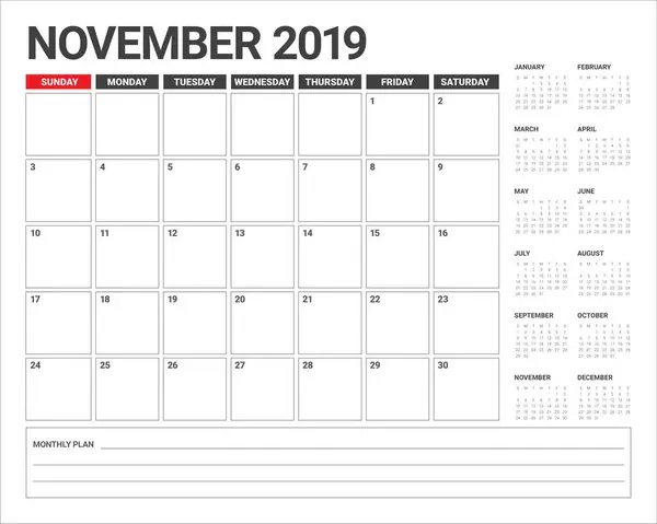 Novembre 2019 Illustration Vectorielle Calendrier Bureau Design Simple Propre — Image vectorielle