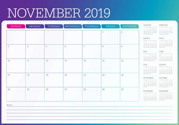 Листопад 2019 Року Настільний Календар Векторні Ілюстрації Простий Чистий Дизайн — стоковий вектор