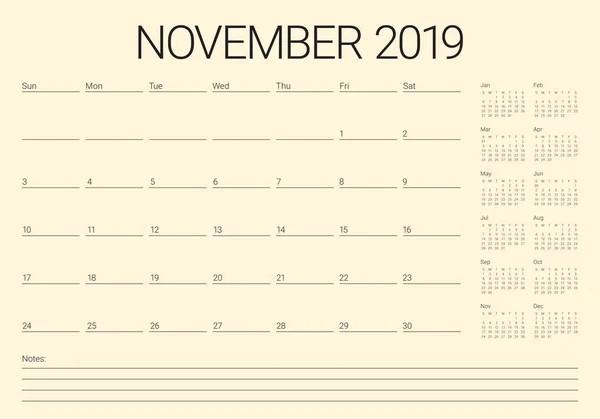 Ноябрь 2019 Настольный Календарь Векторная Иллюстрация Простой Чистый Дизайн — стоковый вектор