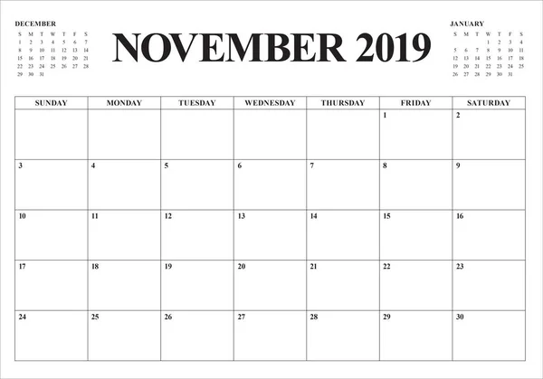 Novembre 2019 Illustration Vectorielle Calendrier Bureau Design Simple Propre — Image vectorielle