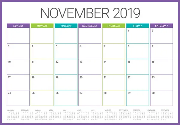 Novembre 2019 Illustration Vectorielle Calendrier Bureau Design Simple Propre — Image vectorielle