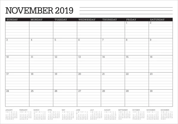 Novembre 2019 Illustration Vectorielle Calendrier Bureau Design Simple Propre — Image vectorielle