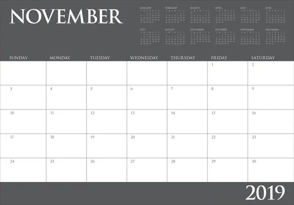 Novembre 2019 Scrivania Calendario Vettoriale Illustrazione Design Semplice Pulito — Vettoriale Stock