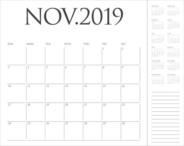 Novembre 2019 Illustration Vectorielle Calendrier Bureau Design Simple Propre — Image vectorielle