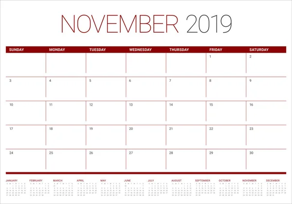 Novembre 2019 Illustration Vectorielle Calendrier Bureau Design Simple Propre — Image vectorielle