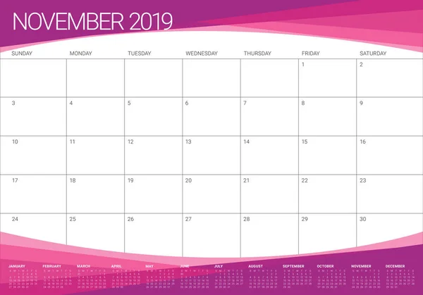 Noviembre 2019 Escritorio Calendario Vector Ilustración Diseño Simple Limpio — Vector de stock