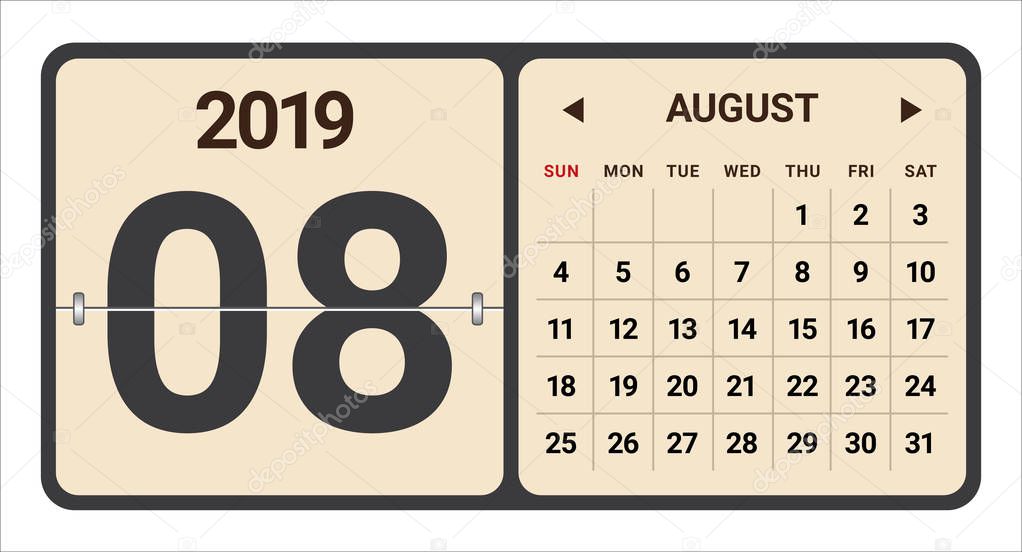 August 2019 monthly calendar vector illustration, simple and clean design. 