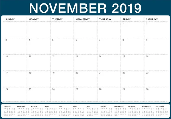 Νοέμβριο Του 2019 Γραφείο Ημερολόγιο Διανυσματικά Εικονογράφηση Απλή Και Καθαρή — Διανυσματικό Αρχείο
