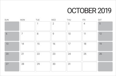 Ekim 2019 Resepsiyon takvim vektör çizim, basit ve temiz tasarım. 