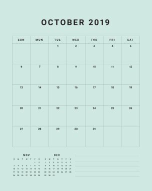 Ekim 2019 Resepsiyon takvim vektör çizim, basit ve temiz tasarım. 