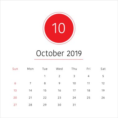 Ekim 2019 Resepsiyon takvim vektör çizim, basit ve temiz tasarım. 