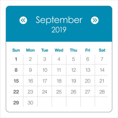 Eylül 2019 aylık takvim vektör çizim, basit ve temiz tasarım. 