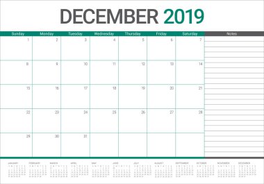 Aralık 2019 Resepsiyon takvim vektör çizim, basit ve temiz tasarım.