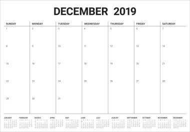 Aralık 2019 Resepsiyon takvim vektör çizim, basit ve temiz tasarım.