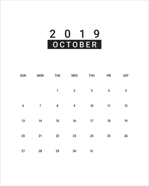 Ilustracja Wektorowa Październik 2019 Biurko Kalendarza Prosty Czysty Design — Wektor stockowy