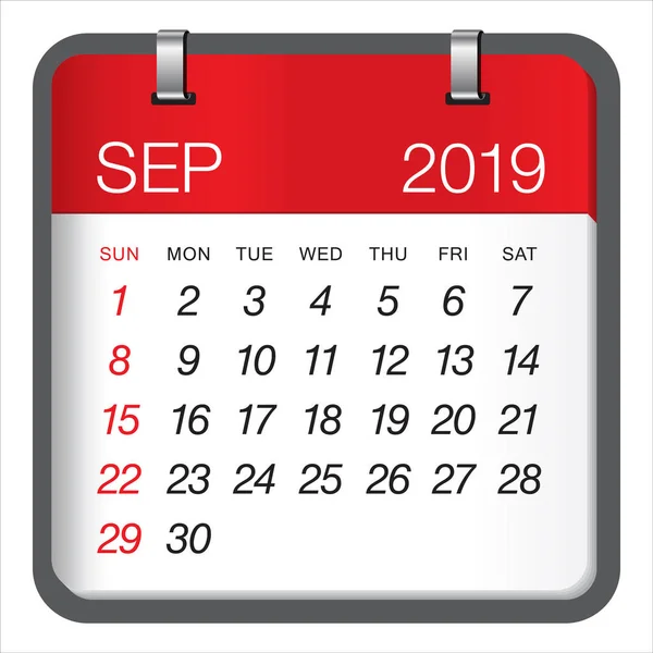 Septembre 2019 Illustration Vectorielle Calendrier Mensuel Conception Simple Propre — Image vectorielle