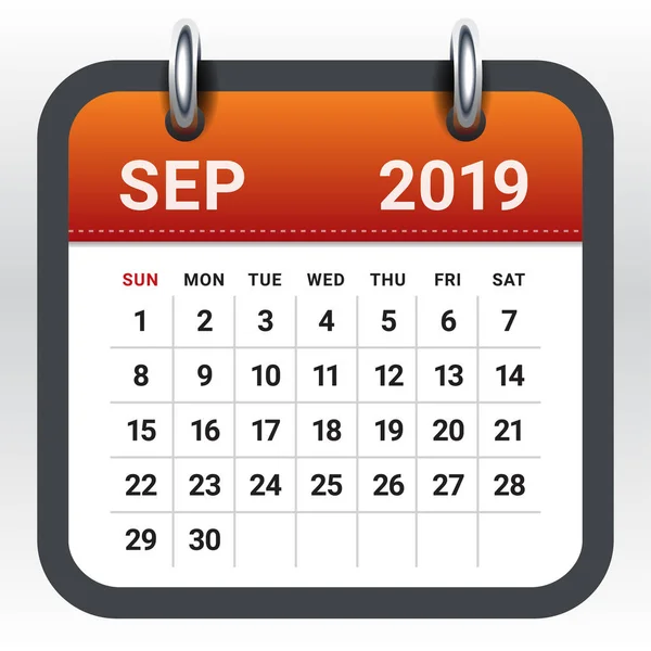 Setembro 2019 Calendário Mensal Ilustração Vetorial Design Simples Limpo — Vetor de Stock