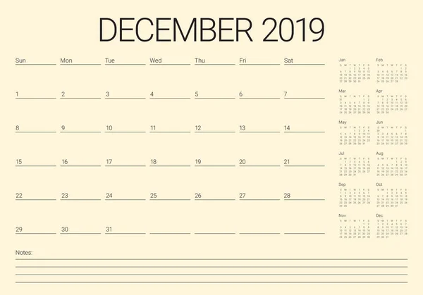 Diciembre 2019 Escritorio Calendario Vector Ilustración Diseño Simple Limpio — Archivo Imágenes Vectoriales