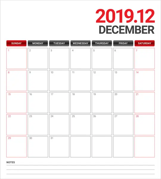 Calendrier Bureau Décembre 2019 Illustration Vectorielle Design Simple Épuré — Image vectorielle