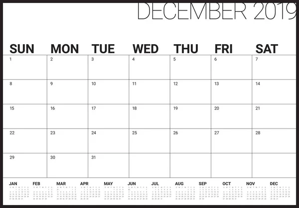 Diciembre 2019 Escritorio Calendario Vector Ilustración Diseño Simple Limpio — Vector de stock