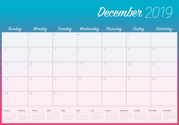 Diciembre 2019 Escritorio Calendario Vector Ilustración Diseño Simple Limpio — Vector de stock