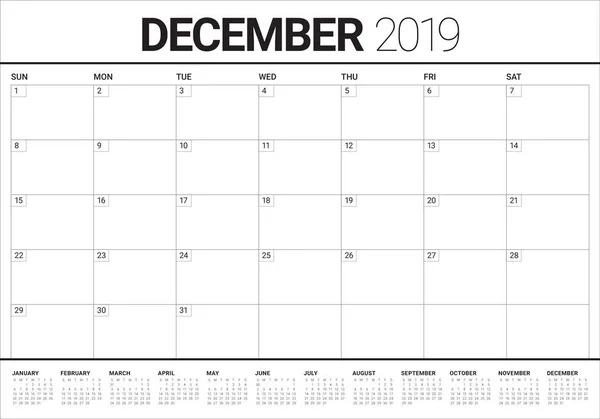 Diciembre 2019 Escritorio Calendario Vector Ilustración Diseño Simple Limpio — Vector de stock