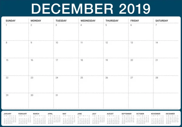 December 2019 Bureau Agenda Vectorillustratie Eenvoudige Schone Ontwerp — Stockvector