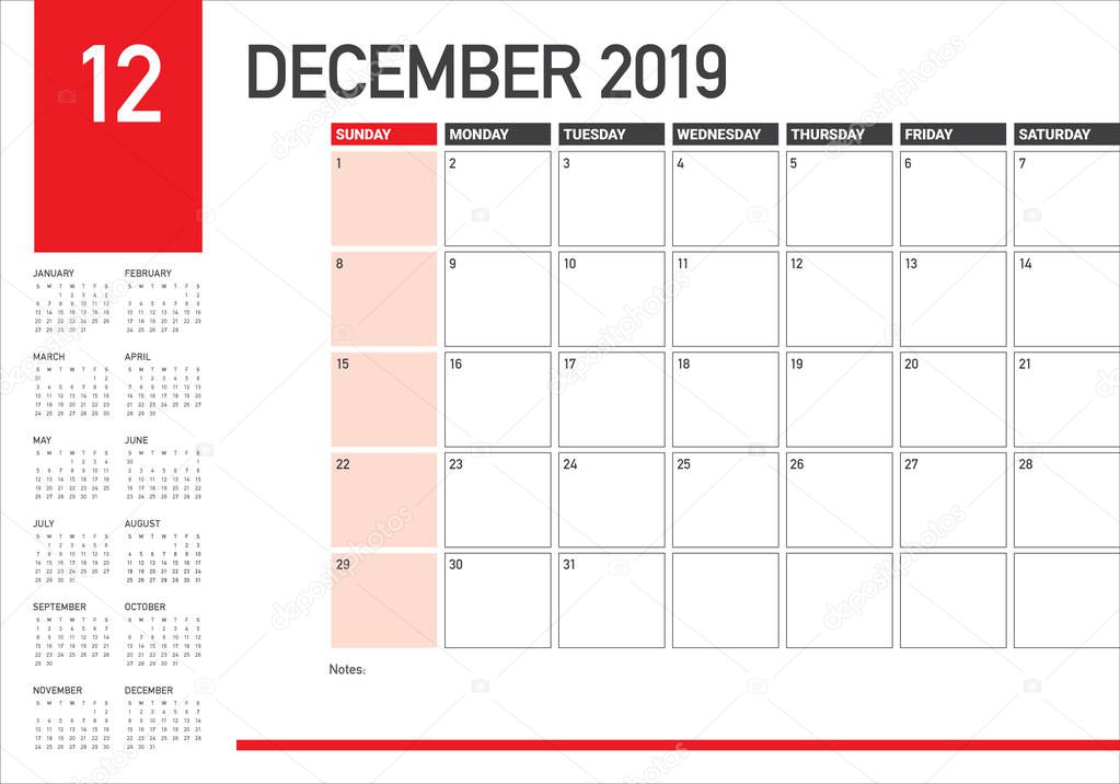 December 2019 desk calendar vector illustration, simple and clean design.