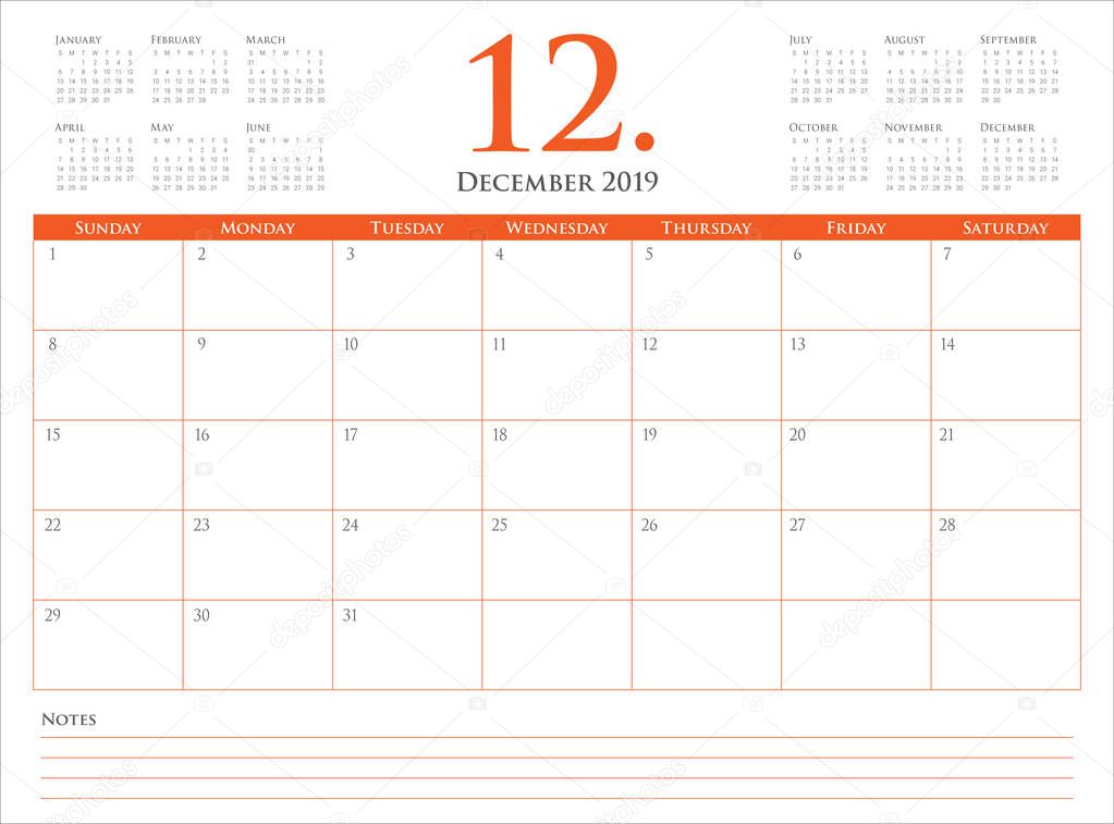 December 2019 desk calendar vector illustration, simple and clean design.