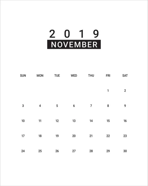 Novembre 2019 Illustration Vectorielle Calendrier Bureau Design Simple Propre — Image vectorielle