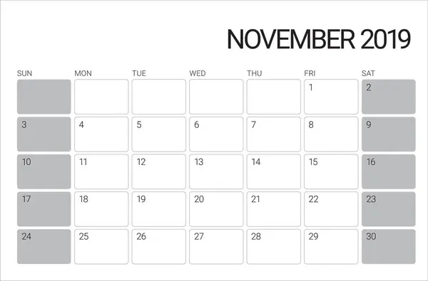 Novembre 2019 Scrivania Calendario Vettoriale Illustrazione Design Semplice Pulito — Vettoriale Stock