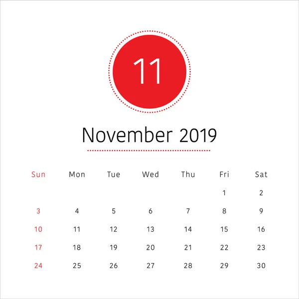Novembre 2019 Illustration Vectorielle Calendrier Bureau Design Simple Propre — Image vectorielle