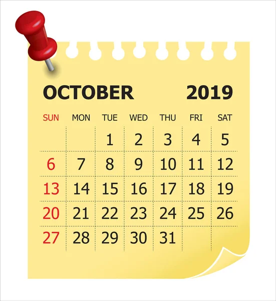 Ottobre 2019 Calendario Mensile Illustrazione Vettoriale Design Semplice Pulito — Vettoriale Stock