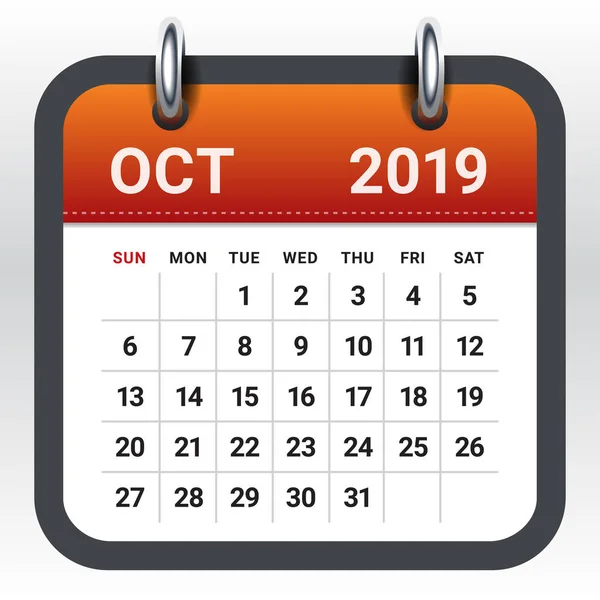 Calendrier Mensuel Octobre 2019 Illustration Vectorielle Design Simple Épuré — Image vectorielle