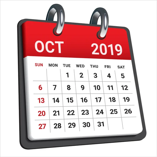 Ottobre 2019 Calendario Mensile Illustrazione Vettoriale Design Semplice Pulito — Vettoriale Stock