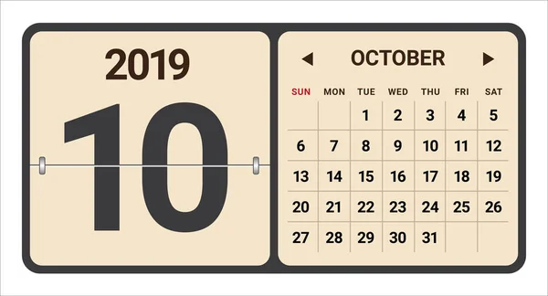 Outubro 2019 Calendário Mensal Ilustração Vetorial Design Simples Limpo — Vetor de Stock